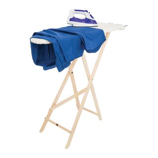 House of York's Standard Ironing Board with a dark blue blouse draped over the surface of the board. It has a blue iron with white trim placed on top of the blouse.