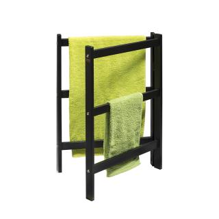 A dark wood towel rack with three bright green towels, against a white background.