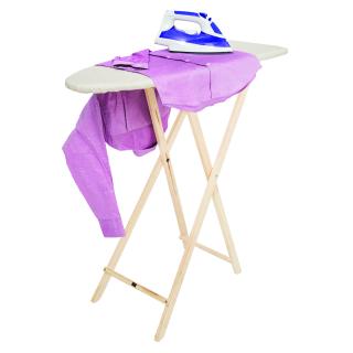 House of York's Choice Ironing Board with a lavender blouse draped over and a blue iron, with white trim on top of the blouse.