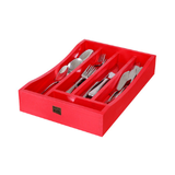A berry red House of York drawer organiser containing forks, spoons, and knives.